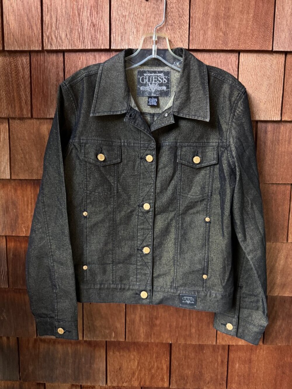 Vintage GUESS Metallic Gold Thread Black Denim Trucker Jacket in Women's Large